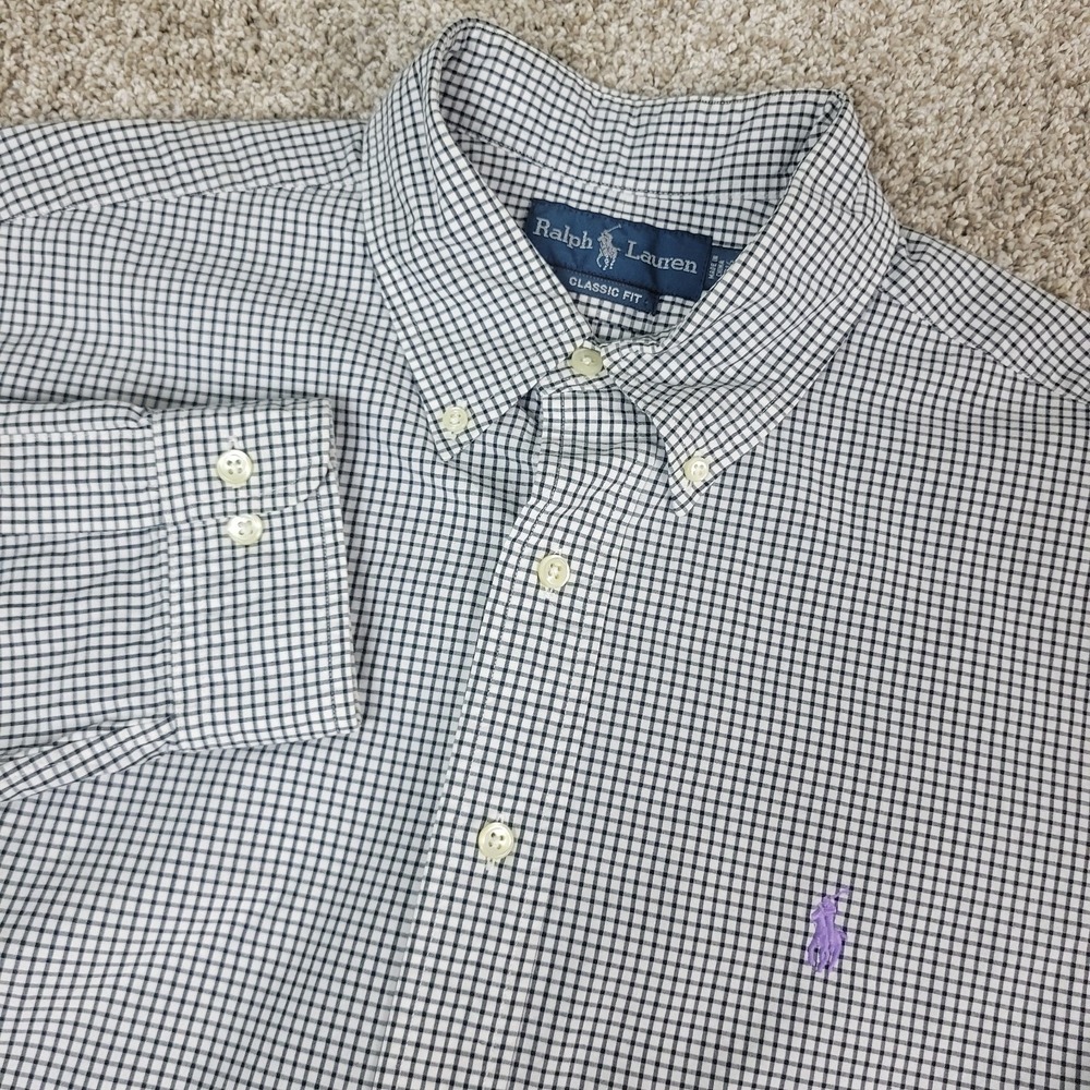 Vintage Ralph Lauren Classic Mens 16.5-32/33 White Black Check Pony Button‎ Down